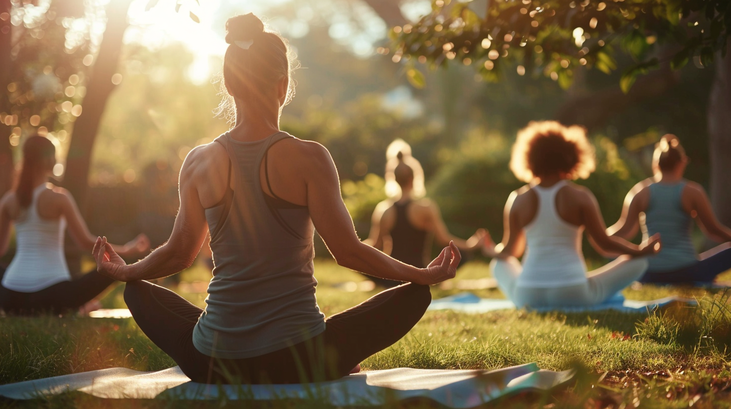 Žena praktikující jógu při východu slunce