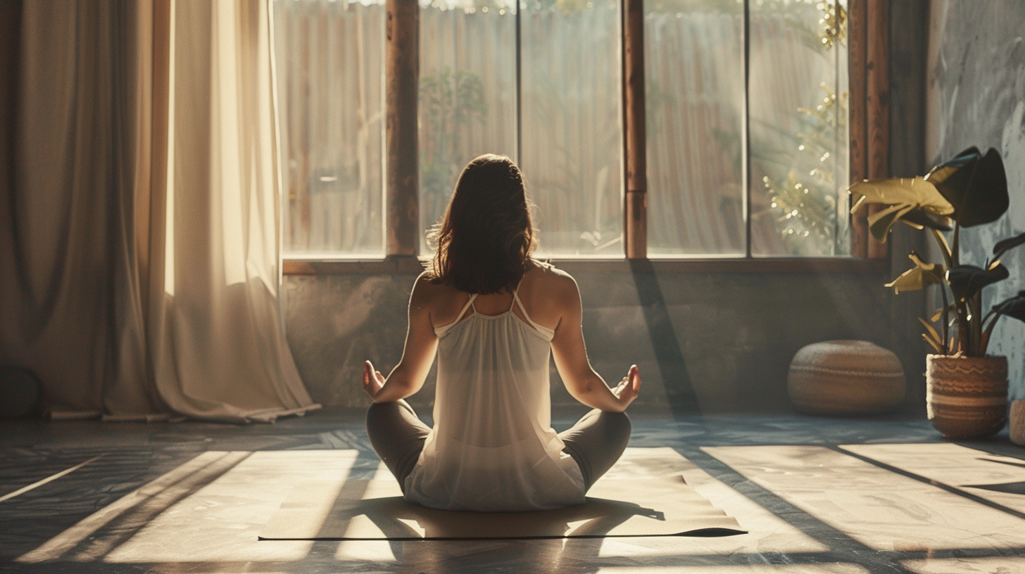 Mladá žena meditující v lotosové pozici